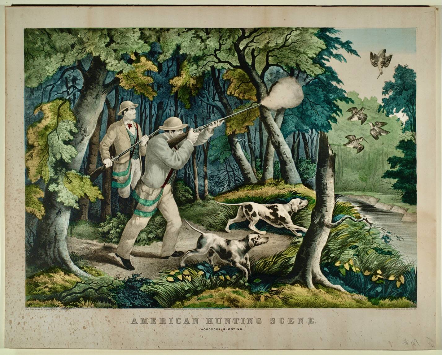Shooting by Kelly, Thomas and Ross, J. T. is marked with CC0 1.0. Lithograph, 'American Hunting Scene. Woodcock Shooting'. DL*60.2774. Peters Prints collection.